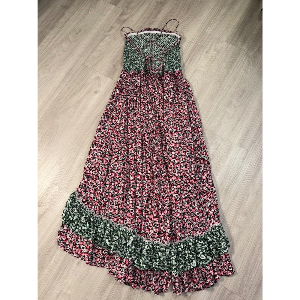 Free People Smocked Floral Maxi Dress Pink Green Boho Ruffle Tiered Medium - Picture 11 of 12